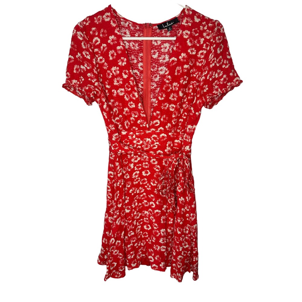 Lulus Dress Garden Explorer Ditzy Plunge Front Low Cut Red Dress Woman’s Medium